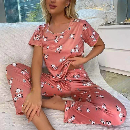 White Flower Printed Night Suit