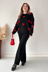 Black with Red Heart Printed Fleece Co-ords Set