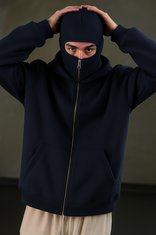 Navy Blue Balaclava Ninja Zipper Hoodie Jacket