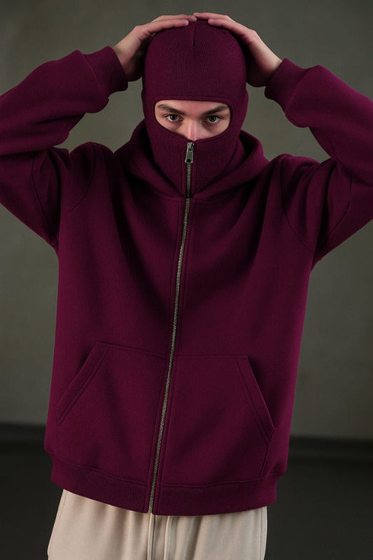 Maroon Balaclava Ninja Zipper Hoodie Jacket