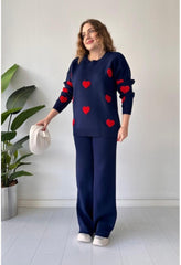 Navy Blue with Red Heart Printed Fleece Co-ords Set