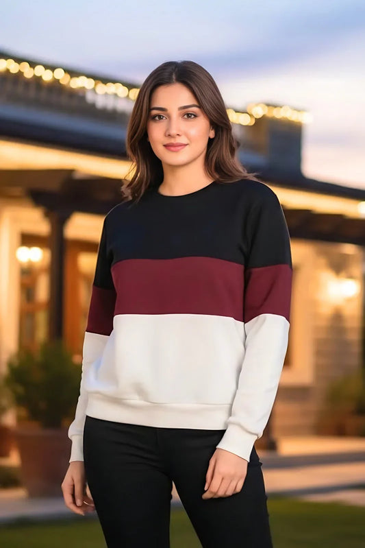 Black Maroon And White Block Sweatshirt For Women