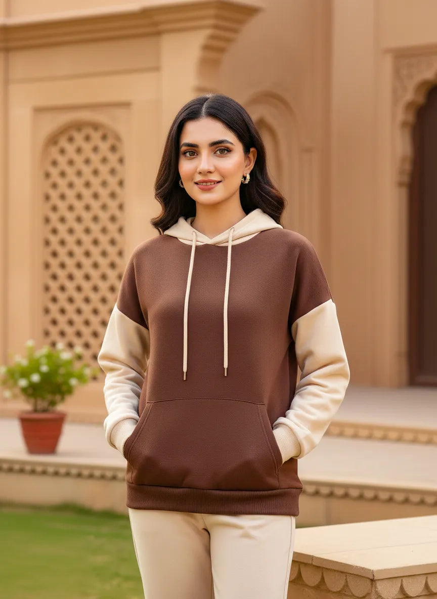 Brown With Cream Basic Hoodie For Women