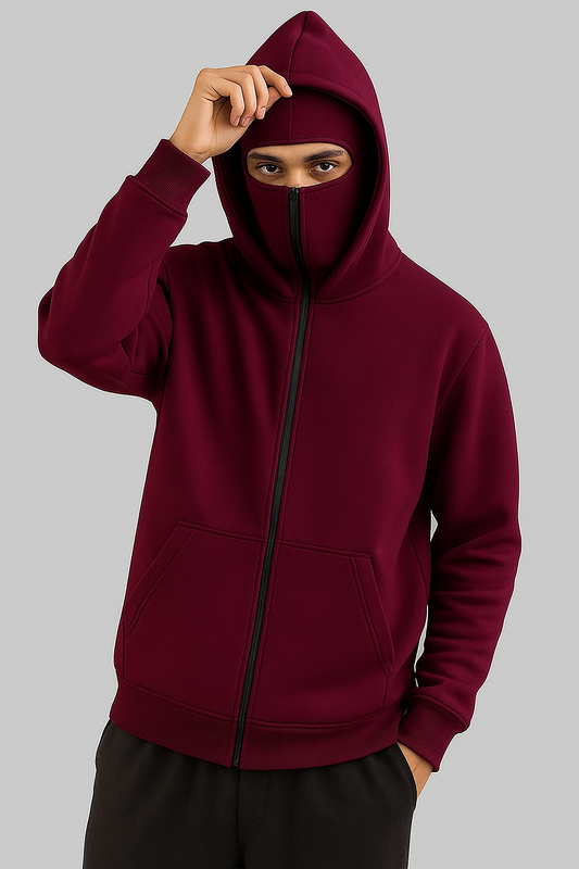 Maroon Balaclava Ninja Zipper Hoodie Jacket