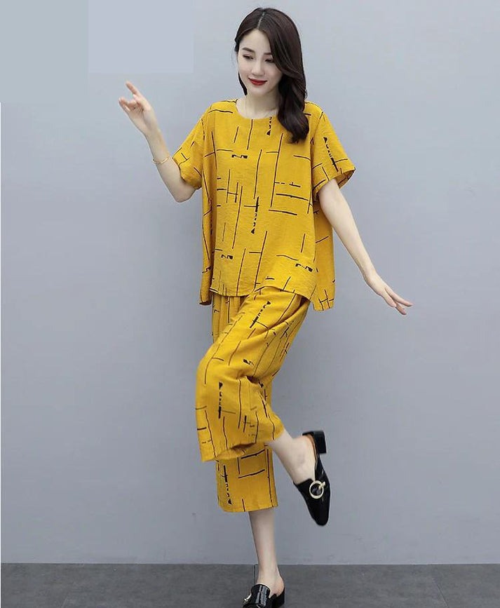 Yellow Printed Capri Night Suit