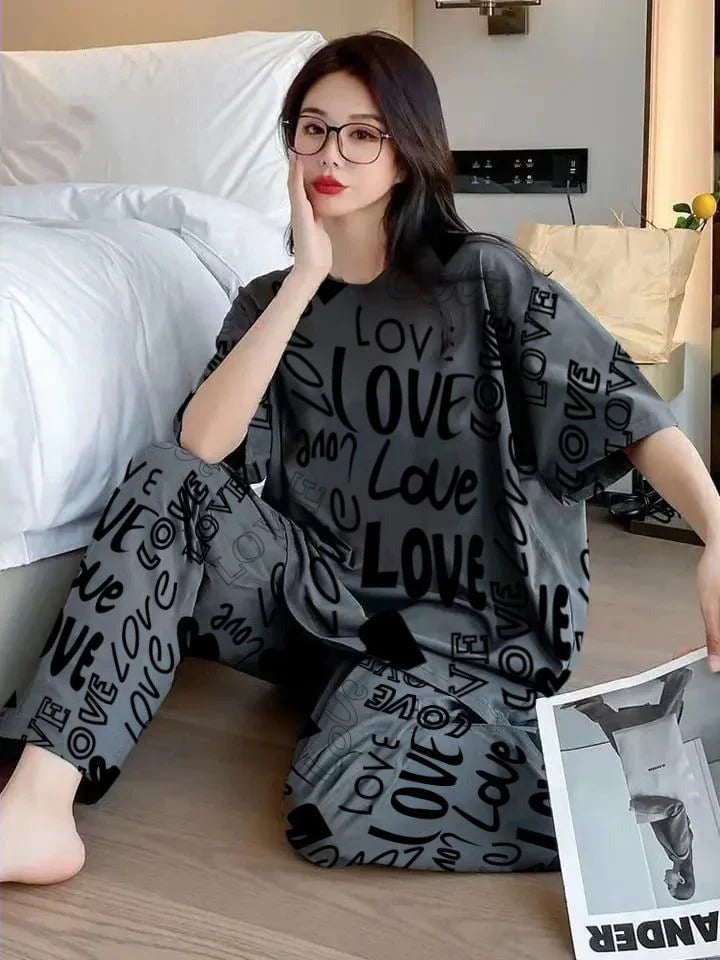 Charcoal Drop Shoulder Love Printed  Night Suit