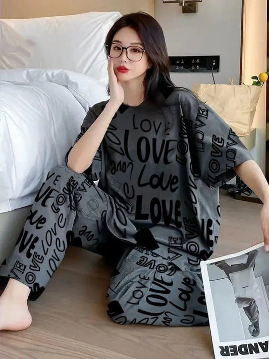 Charcoal Drop Shoulder Love Printed  Night Suit