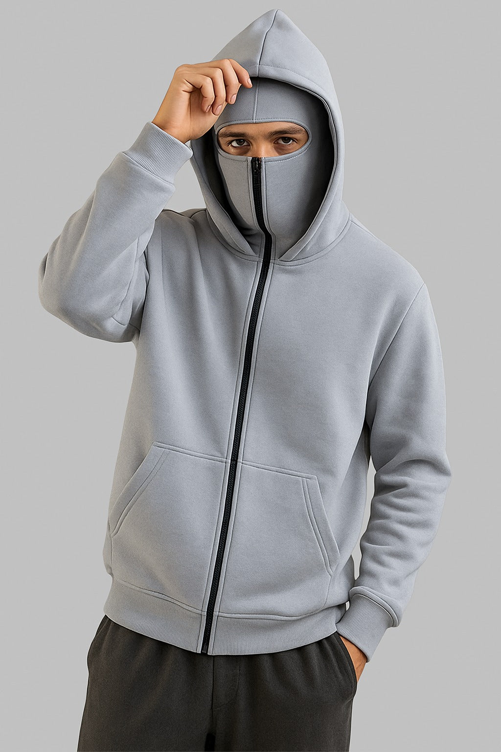 Grey Balaclava Ninja Zipper Hoodie Jacket