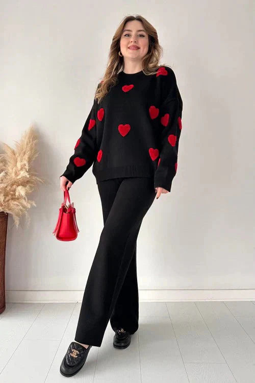 Black with Red Heart Printed Fleece Co-ords Set